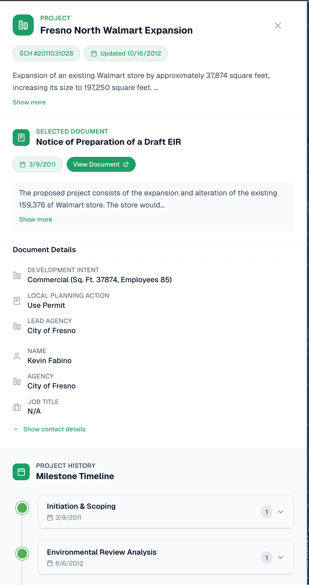 ProjectCal project details sidepanel with timeline and document access